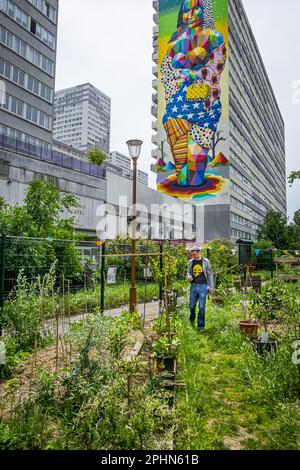 Frankreich. Paris (13. Arrondissement) Der Garten teilt sich Türme mit dem Garten im Pariser Chinatown-Viertel. Im Hintergrund, auf einem der di Stockfoto