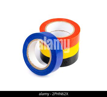 Blaues rotes Isolierband, Kunststoffrollen für Klebebänder, farbige Klebebänder auf weißem Hintergrund Stockfoto