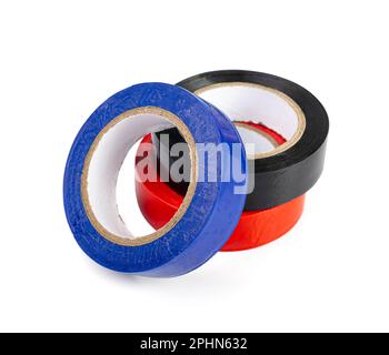 Blaues rotes Isolierband, Kunststoffrollen für Klebebänder, farbige Klebebänder auf weißem Hintergrund Stockfoto