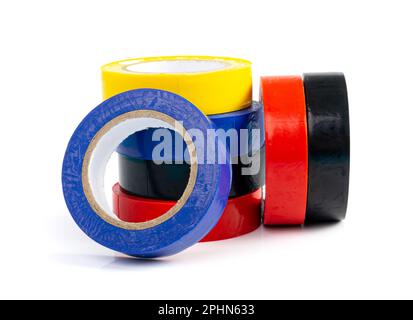 Blaues rotes Isolierband, Kunststoffrollen für Klebebänder, farbige Klebebänder auf weißem Hintergrund Stockfoto