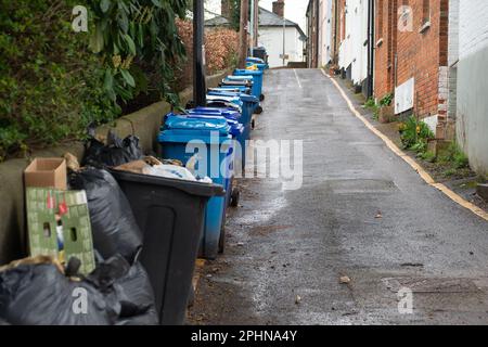 Maidenhead, Berkshire, Großbritannien. 29. März 2023. Blaue Mülltonnen stehen auf einer Straße in Maidenhead. Die Regierung erwägt Berichten zufolge, die Abfallsammlung im gesamten Vereinigten Königreich zu standardisieren. So sammeln beispielsweise einige Gemeinderäte Lebensmittelabfälle, andere Gemeinderäte in der Nähe hingegen nicht. Einige Räte gestatten, dass gemischte Papier-, Glas- und Kunststoffverpackungen in einen Mülleimer gelangen, während andere die Haushalte auffordern, ihr Recycling zu trennen. Kredit: Maureen McLean/Alamy Live News Stockfoto