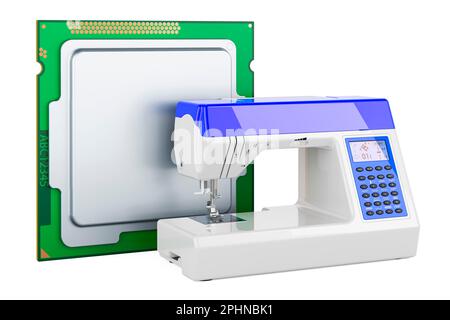 CPU mit Nähmaschine, 3D-Rendering isoliert auf weißem Hintergrund Stockfoto