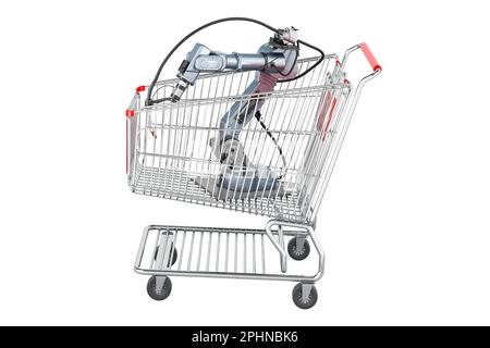 Roboterschweißen im Warenkorb, 3D-Rendering auf weißem Hintergrund isoliert Stockfoto
