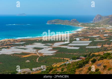 Panoramablick auf Falasarna Beach auf Kreta, Griechenland. Stockfoto