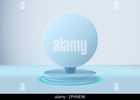 Realistisch blauer zylindrischer Sockel mit rundem blauem Banner auf einem Standfuß. Abstrakte Minimalszene für Produktpräsentation, Werbeanzeige. Stock Vektor