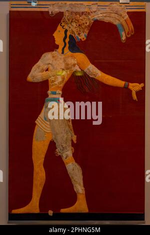 Fresko des Prinzen der Lilien in den Ruinen des Palastes Knossos auf Kreta, Griechenland. Stockfoto