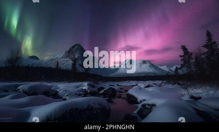 Ein atemberaubender Blick auf die aurora Borealis, die schneebedeckte Berggipfel vor dem Nachthimmel beleuchten Stockfoto