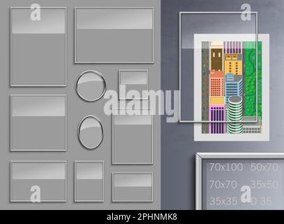 Set aus modernen Vektorrahmen aus Aluminium oder Chrom für Mockup-Poster und Wandgemälde. Transparenzeffekt. Standardgrößen Stock Vektor