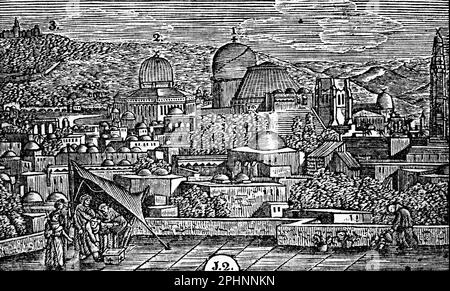 Historischer Blick auf Jerusalem, mit Oelberg oder Ölberg, Omars Moschee und Kirche, bibel 1831, historische Illustration Stockfoto