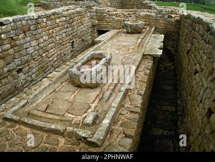 Latrinen, Wasserkanäle, Becken und Abflüsse in der südöstlichen Ecke des römischen Forts Housesteads, Hadrian's Wall, Northumberland, England, Großbritannien. Stockfoto