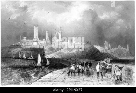 Eine Gravur von St. Andrews vom Pier, Fifeshire, Schottland, Großbritannien, gescannt mit hoher Auflösung aus einem 1840 gedruckten Buch. Glaubte, dass es keine Urheberrechte gibt Stockfoto