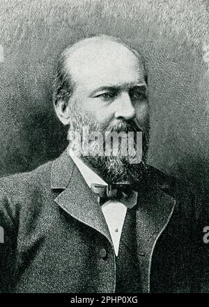 Der 1896. Titel lautet: "James A Garfield - nach dem Foto von Bell - der letzte Film vor dem Attentat." James Abram Garfield (1831-1881) wurde 1880 zum 20. Präsidenten der Vereinigten Staaten gewählt. Er wurde ständig von Arbeitssuchenden belästigt und am 2. Juli 1881 von einem erschossen. Er starb am 19. September. Stockfoto