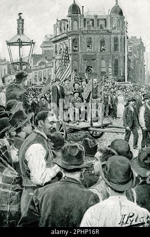 Denis Krearney wurde durch die Straßen von San Francisco gezogen, nachdem er aus dem Haus der Strafanstalt entlassen wurde. Die Prozession, die am Lotta-Brunnen in der Market Street vorbeigeht. Gemalt von Howard Pyle auf dem Foto von Taber und eine Beschreibung von Kearney selbst. Stockfoto