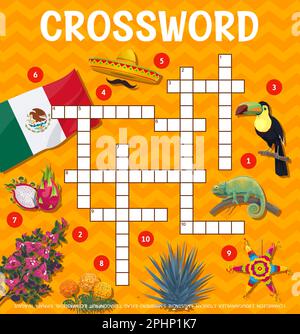 Mexikanisches Essen, Tiere und Symbole Kreuzworträtsel-Raster, finden Sie ein Wort-Quiz-Spiel. Vektorarbeitsblatt mit Chamäleon, Bougainvillea, Tukan, Schnurrbart und Sombrero Stock Vektor