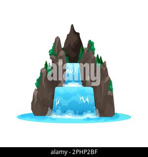 Cartoon Wasserfall oder Wasserkaskade, Naturlandschaft des Bergflusses, isolierter Vektor. Wasserfallkaskade auf tropischem Inselfelsen oder Dschungel Stock Vektor