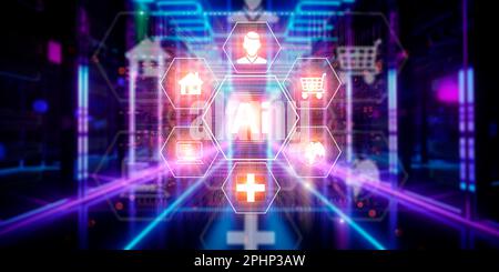 KI-Technologiekonzept. Man nutzt holographische Schnittstellen für Geschäftsanalysen und globale Technologie. Qualitativ hochwertige Darstellung Stockfoto