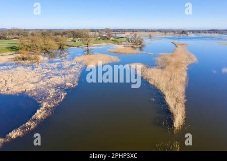 Luftaufnahme über die Elbe und überflutetes Niedersächsisches Elbtal Biosphärenreservat im Winter, Niedersachsen, Deutschland Stockfoto