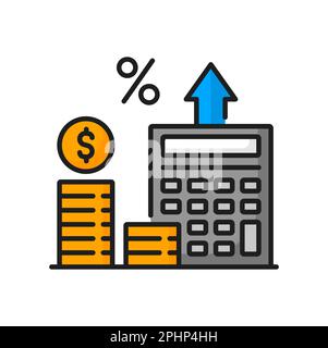 Enterprise Resource Planning – farbisoliertes ERP-Symbol. Vektorstapel mit Goldmünzen mit Dollarzeichen, Rechner und prozentualem Wachstum, Ressourcenmanagement Stock Vektor
