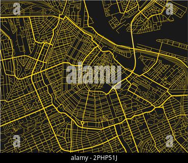 Schwarz-gelber Stadtplan von Amsterdam mit gut organisierten getrennten Schichten. Stock Vektor