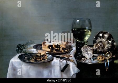 Willem Heda. Stillleben. Frühstückstisch mit Blackberry Pie vom niederländischen Maler des Goldenen Zeitalters, Willem Claeszoon Heda (1593/1594 - c. 1680/1682), 1631 Stockfoto