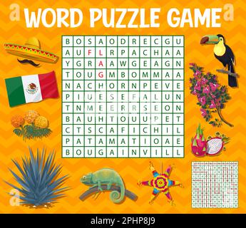 Mexikanisches Essen, Tiere und Symbole, Puzzle-Spiel mit Wortsuche, Vektorarbeitsblatt. Suchbegriff Gitter Rätsel, um Wörter von mexikanischer Flagge, Tukan und chamel zu finden Stock Vektor