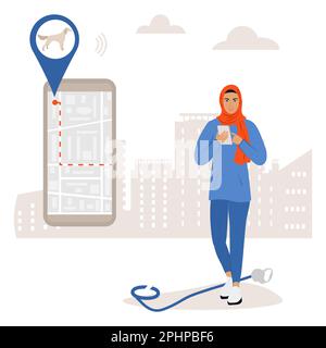 Vektordarstellung Moslem Female verwendet eine Anwendung auf dem Handy, um den verlorenen Hund mit dem GPS-Tracker zu durchsuchen. Das Telefon mit Stadtplan zeigt die Bewegungen des Haustiers Stock Vektor