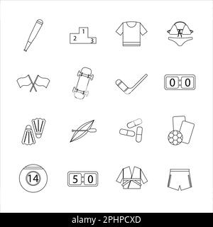 Kollektion von Ikonen mit verschiedenen Sportarten und gesundem Essen im Konturdesign Stockfoto