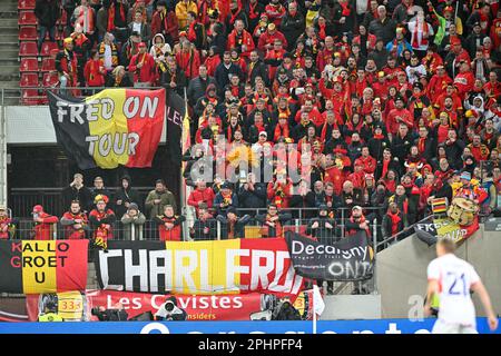 Köln , Deutschland . Am 28 . März 2023 wurden belgische Fans und Fans bei einem freundschaftlichen Fußballspiel der deutschen und belgischen Nationalmannschaften mit dem Titel „die Red Devils“ am Dienstag , den 28 . März 2023 in Köln , Deutschland , fotografiert . FOTO SPORTPIX | David Catry Stockfoto