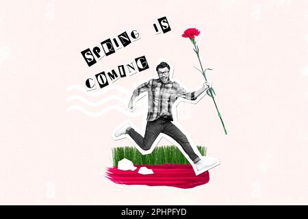 3D Retro abstrakte kreative Kunstvorlage Collage eines lustigen, flippigen Mannes, der am 8. märz Blumen abstrahlt isolierter Malhintergrund Stockfoto