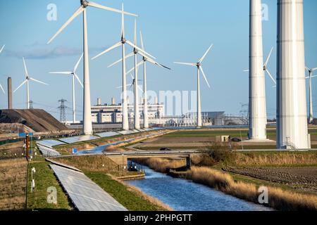 Solarpark am Slaperdijk-Deich in der Nähe der Eemshaven, Testprojekt, 17.000 Solarmodule wurden auf gut 5 KM installiert, die Niederlande haben über 22,00 Stockfoto