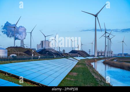 Solarpark am Deich Slaperdijk in der Nähe der Eemshaven, Testprojekt, 17.000 Solarmodule wurden auf gut 5 KM installiert, die Niederlande haben über 22,00 Stockfoto