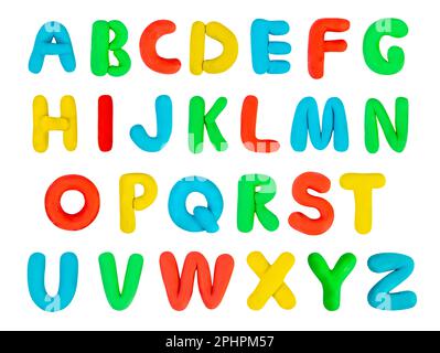 Plasticine Alphabet Isolated, Modeling Tonbriefe, Creativity Modelelling Material ABC, Tonteig Buchstaben, Plasticine Alphabet auf weißem Hintergrund, Stockfoto