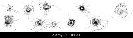 Große Ansammlung von Glasrissen auf transparentem Hintergrund. Konzept der Schaufensteraufnahmen für die Gestaltung Stockfoto