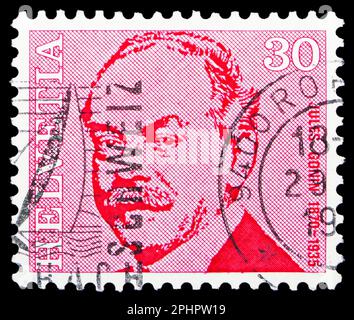 MOSKAU, RUSSLAND - 25. MÄRZ 2023: In der Schweiz gedruckte Briefmarken zeigen Jules Gonin (1870-1935) Okulist, Famous Persons Serie, circa 1971 Stockfoto