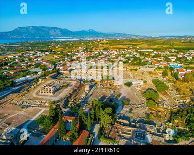 Luftaufnahme der antiken Ausgrabungsstätte Korinth in Griechenland. Stockfoto