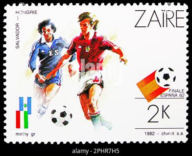 MOSKAU, RUSSLAND - 25. MÄRZ 2023: In Zaire aufgedruckte Briefmarke zeigt Fußballweltmeisterschaft „España 82“ II, FIFA-Weltmeisterschaft 1982 - Spanien (II) Serie Stockfoto