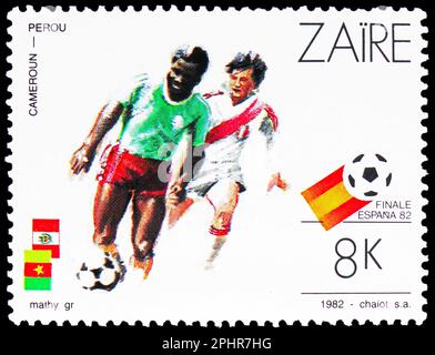 MOSKAU, RUSSLAND - 25. MÄRZ 2023: In Zaire aufgedruckte Briefmarke zeigt Fußballweltmeisterschaft „España 82“ II, FIFA-Weltmeisterschaft 1982 - Spanien (II) Serie Stockfoto