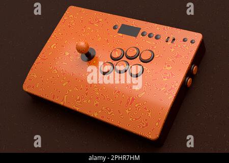 Klassischer Arcade-Stick mit Joystick und Tasten in Turnierqualität mit nahtlosem Wellenmuster auf dunklem Hintergrund. 3D-Rendering von Spielautomaten, Streaming Stockfoto