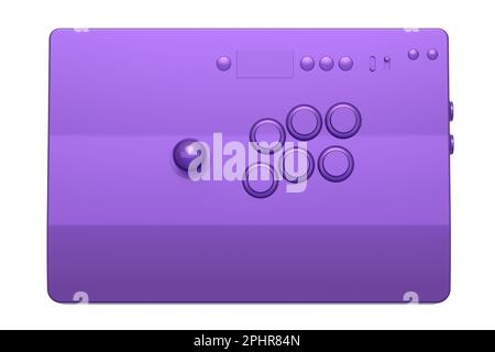 Klassischer Arcade-Stick mit Joystick und Knöpfen in Turnierqualität mit violetter Chromstruktur auf weißem Hintergrund. 3D-Rendering von Spielautomaten, Streaming Stockfoto