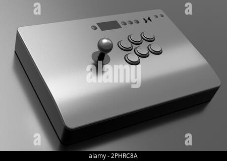 Klassischer Arcade-Stick mit Joystick und Knöpfen in Turnierqualität mit metallischer Chromstruktur auf dunklem Hintergrund. 3D-Rendering von Spielautomaten, Streamin Stockfoto