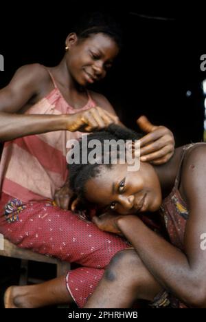 Afrika, Demokratische Republik Kongo, Provinz Equateur, ethnische Gruppe der Libinza. Ein Mädchen, das die Haare eines anderen Mädchens pflegt. Stockfoto