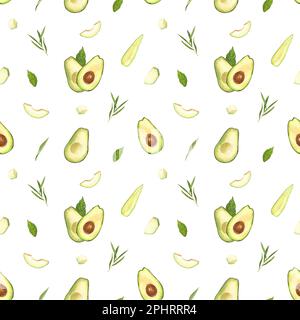 Wasserfarbenes, nahtloses Muster aus frischer, ganzer und geschnittener Avocado. Handgezeichnete Darstellung isoliert auf weißem Hintergrund. Perfekte Speisekarte, gesundes Essen Stockfoto