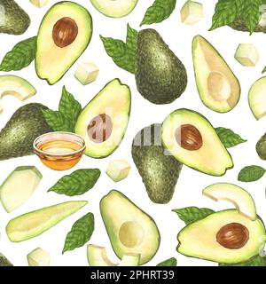 Wasserfarbenes, nahtloses Muster aus frischer, ganzer und geschnittener Avocado. Handgezeichnete Darstellung isoliert auf weißem Hintergrund. Perfekte Speisekarte, gesundes Essen Stockfoto