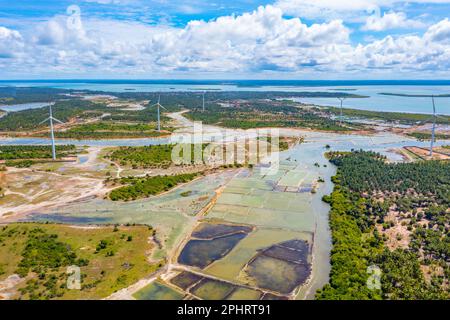 Luftaufnahme der von Windkraftturbinen überblickten landwirtschaftlichen Felder in Kalpitiya in Sri Lanka. Stockfoto