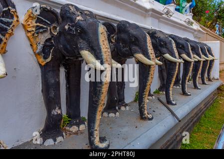 Elefantenschnitzereien im Maha Devale-Schrein in Kataragama, Sri Lanka. Stockfoto