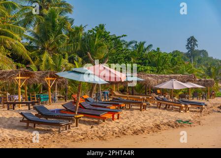 Sonnenliegen am Strand von Marakolliya, Sri Lanka. Stockfoto