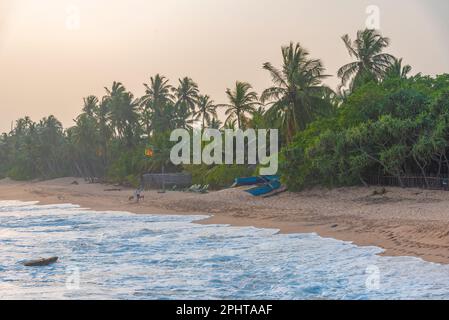 Sonnenuntergang über Marakolliya Beach in Sri Lanka. Stockfoto