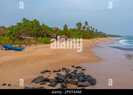 Sonnenuntergang über Marakolliya Beach in Sri Lanka. Stockfoto