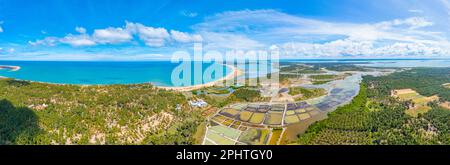 Luftaufnahme der von Windkraftturbinen überblickten landwirtschaftlichen Felder in Kalpitiya in Sri Lanka. Stockfoto