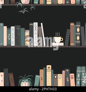 Nahtloses Muster aus Vintage-Büchern, heißen Getränketassen und Spinnenpflanzen auf dunklem Hintergrund. Wandhintergrund für stehende Bücher. Hausbibliothek-Vektor Stock Vektor